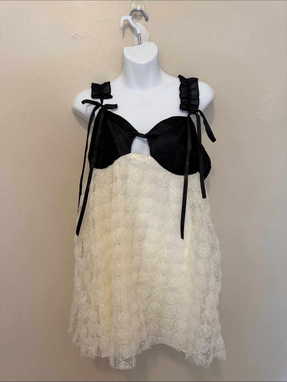 Black Satin Strap Bodice with Ivory Rosette Skirt Mini Dress